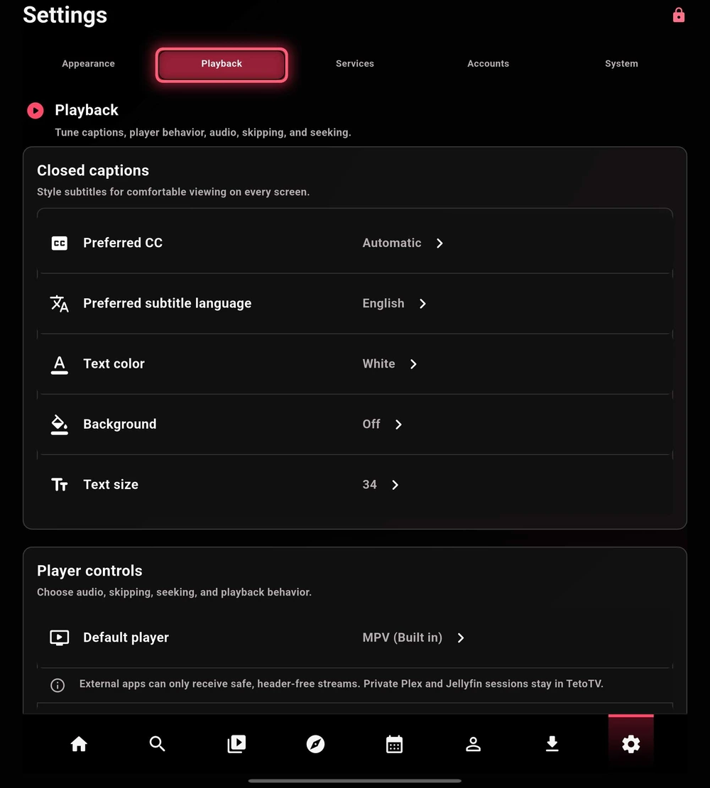 Closed captions and default player.