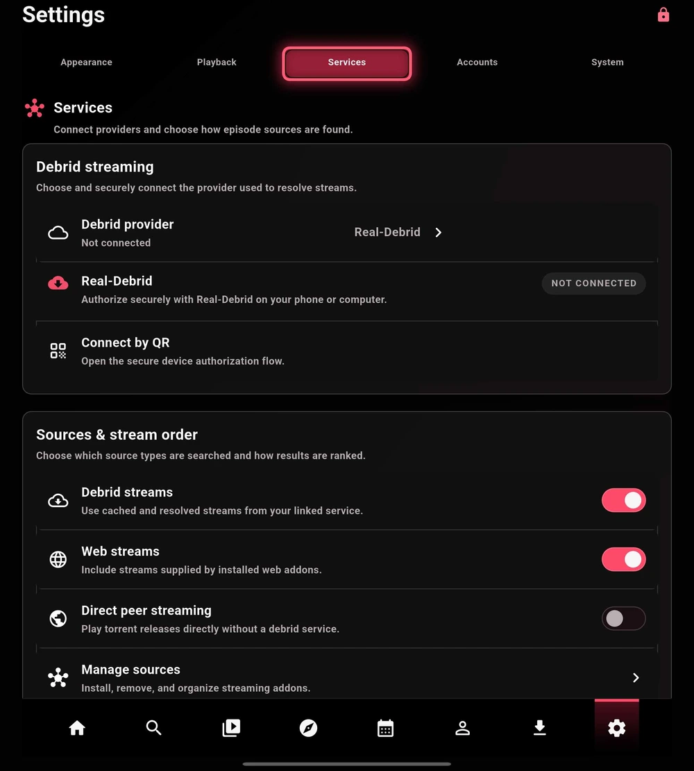 Debrid connection and source-type controls.