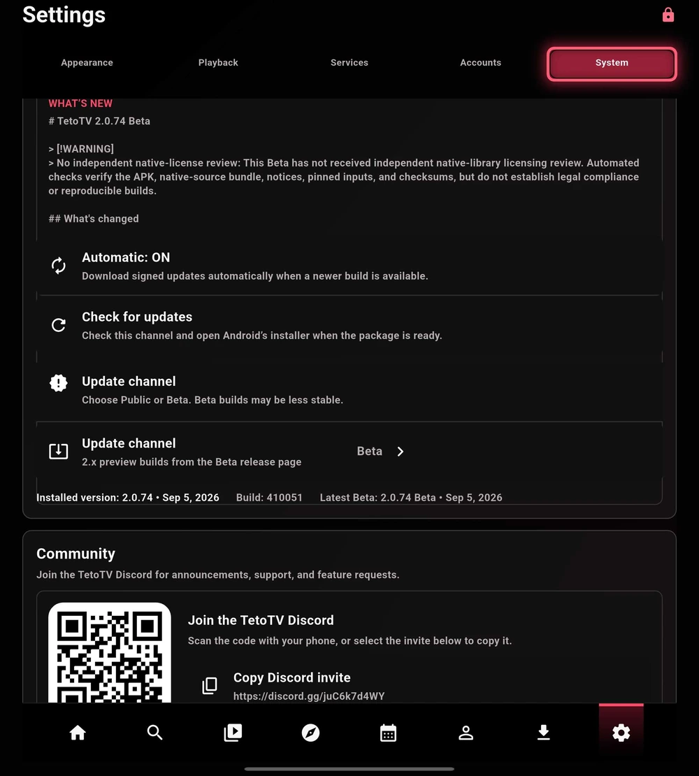 Release notes and update-channel controls.