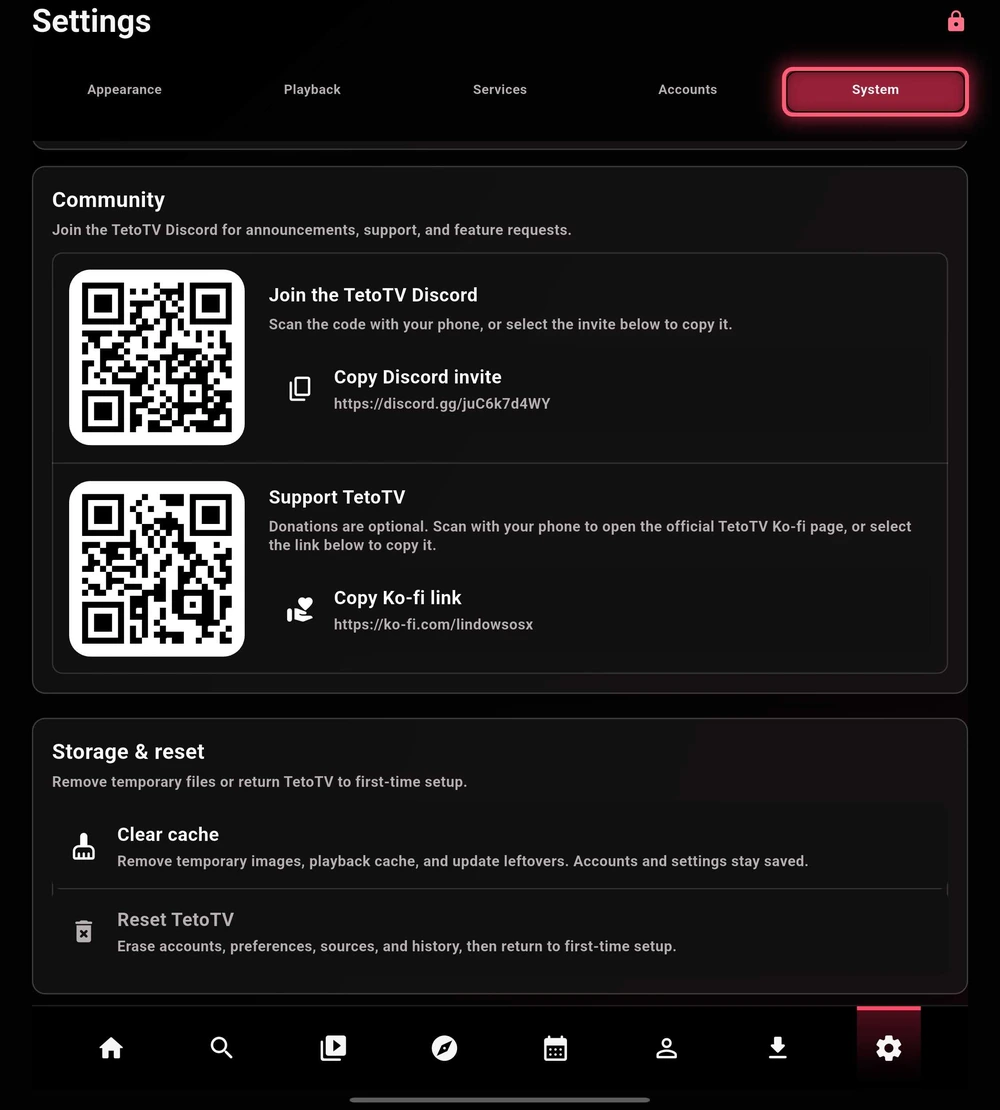 Community links, cache, and reset.