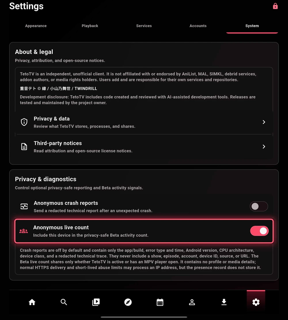 Attribution and privacy settings.
