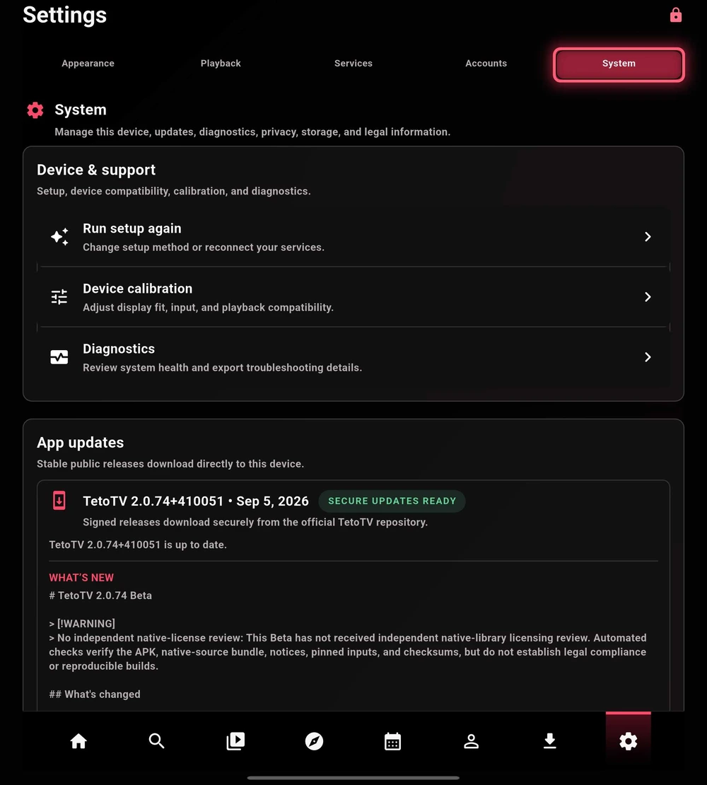 Device support and installed build details.